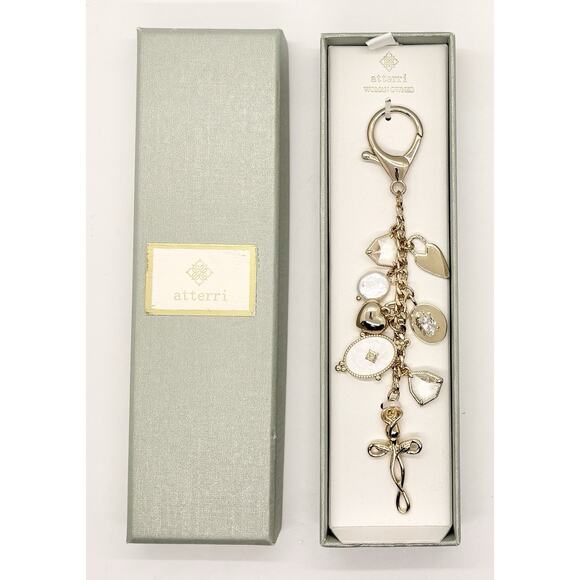 Atterri Gold Cross Rose Bag Charm Shell Hearts Key Jean Chain NEW Religious - Picture 1 of 2